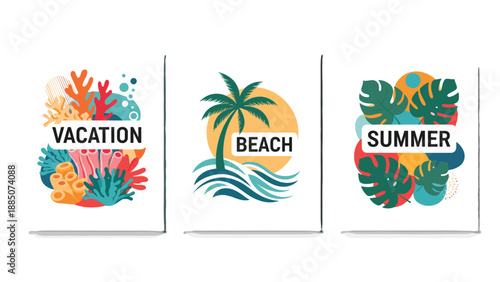Set of three tropical summer vacation posters featuring vibrant coral reefs, beach palm trees, and lush monstera leaves with text.