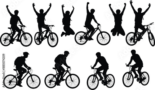 Large set of black silhouette mountain bikers cycling and jumping with bicycles isolated on white background for outdoor sports design