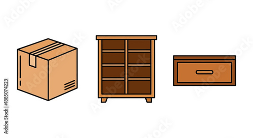 Furniture items including a cabinet, nightstand, and cardboard box for storage or decoration purposes in a home or office setting with a minimalist aesthetic.