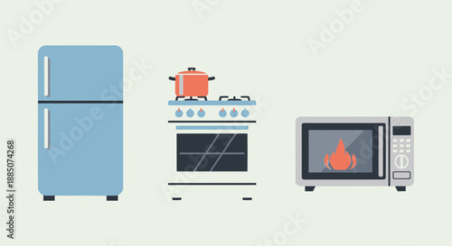 Modern kitchen appliances including refrigerator, stove, and microwave oven displayed together in a simple graphic illustration style.