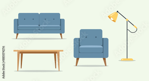 Modern furniture set featuring blue sofa, armchair, wooden coffee table, and yellow floor lamp in minimalist living room interior design for home decor inspiration.