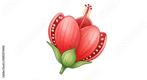 A stylized red flower illustration with green stem and leaves, showcasing detailed petals from a front viewpoint