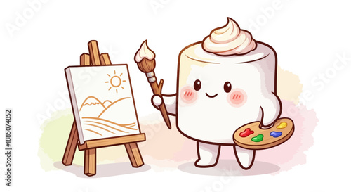 A cartoon dessert character with a paintbrush and palette stands beside an easel holding a canvas with a landscape painting