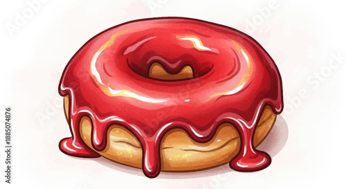 A digital illustration of a glazed donut with red icing on a white background, viewed from the front.