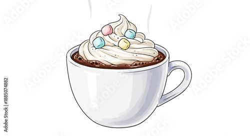 Steaming hot chocolate with whipped cream and colorful sprinkles in a white mug, close-up view