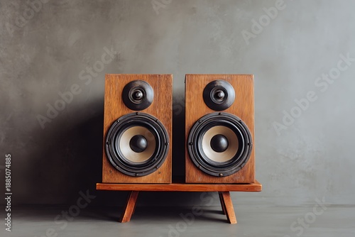 Vintage wooden speakers on a wooden stand against a neutral concrete background create a retro vibe.