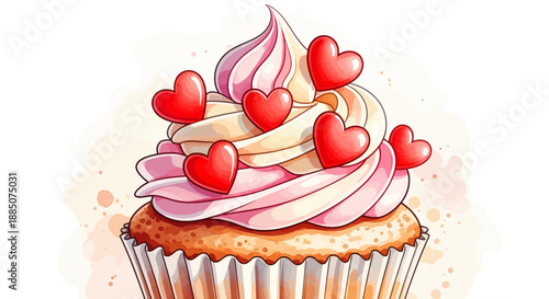 Delicious cupcake with pink and white frosting and heart decorations on a soft background viewed from above