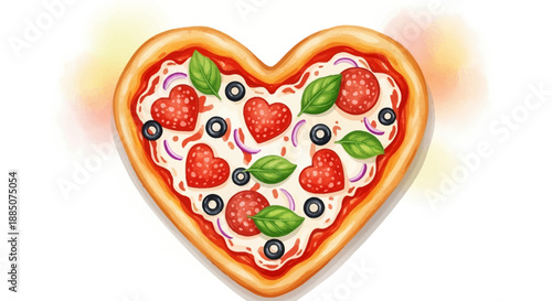 Heart-shaped pizza illustration with strawberries and olives on a white background, viewed from directly above, Whisk design