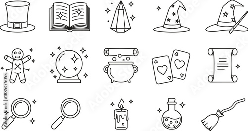 Large set of magic and witchcraft icons in black line art featuring wizard hats spell books crystal balls and potions.