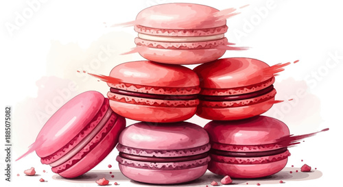 Stacked pink macarons with delicate splashes of color, overhead view