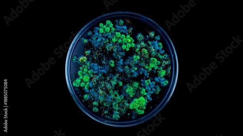 Circular laboratory petri dish containing dense clusters of green and blue microorganisms on dark background