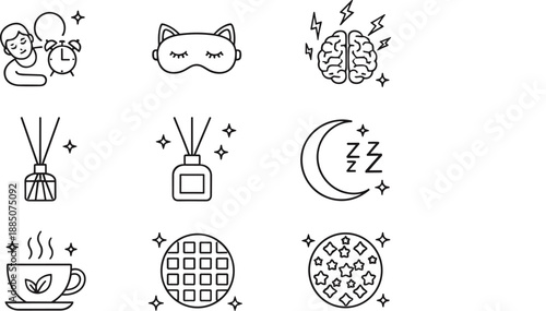 Set of sleep wellness and relaxation icons in black line art featuring a sleeping person, eye mask, and aromatherapy