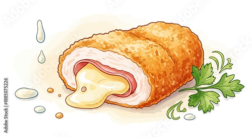 A cutaway illustration of a fried chicken cordon bleu with melted cheese and herbs on a plain background from a close-up viewpoint