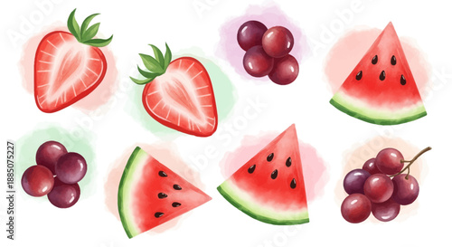 Fresh Fruits and Berries Set with Watermelon Slices and Grapes Illustration