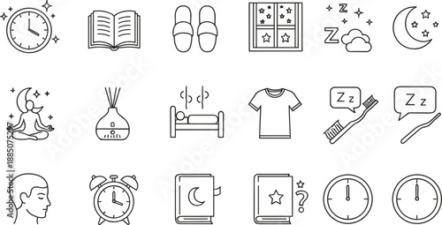 Large set of sleep routine and hygiene icons in black line art featuring meditation, reading, and healthy habits.