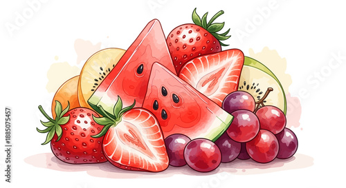 Vibrant fruit arrangement featuring watermelon, strawberries, kiwi, grapes, and oranges in a colorful still life composition