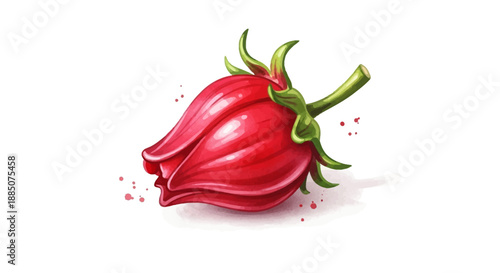 Vibrant red roselle flower illustration with green leaves and splashes on a crisp backdrop, viewed from directly above