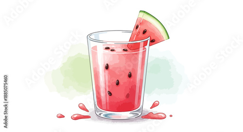 Refreshing watermelon drink in a glass with a slice and splashes around it
