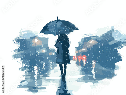 isolate white background, Walking with an umbrella in the rain - isolate on a rainy street background., drawings in colure pencil easy, very simple and isolate in the style of animated illustrations