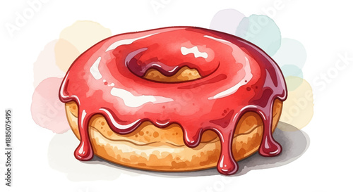 A digital illustration of a donut with red glaze, sweet treat, food delight, dessert, pastry, isolated on a colored background
