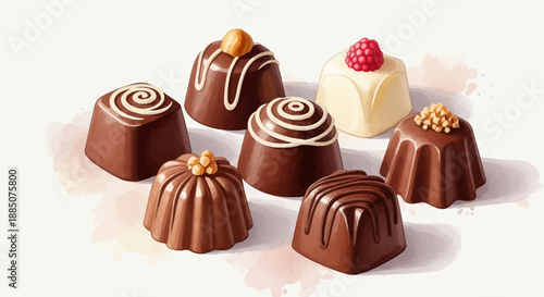 Assorted chocolate desserts with various toppings displayed on a white surface from a top-down view