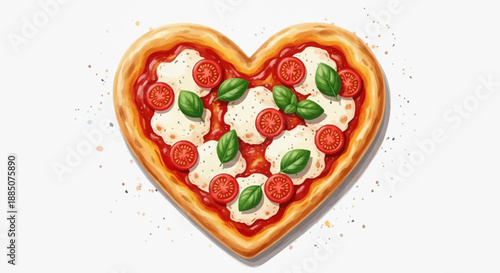 Heart-shaped pizza with pepperoni, mozzarella, and basil, viewed from directly above, showcasing a culinary delight
