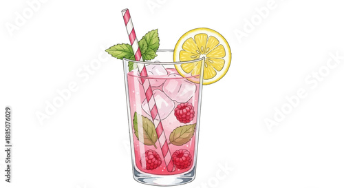 Fresh Summer Drink with Straw, Lemon, Mint, and Berries in a Tall Glass