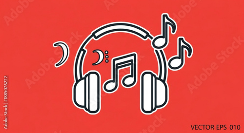Music headphones with notes on red background for audio and sound design concepts