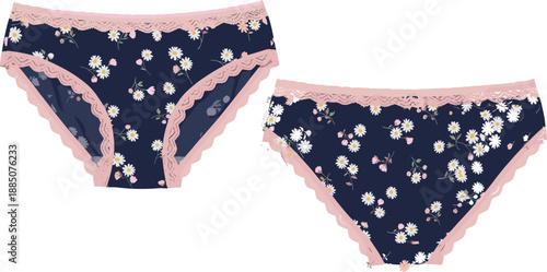 Navy blue feminine floral pattern panties vector with pink lace trim, daisy flower print underwear set, isolated lingerie fashion illustration.