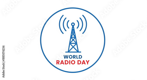 World radio day logo with blue radio tower and red text on white background