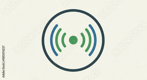 Green and blue signal waves emanating from a central dot within a dark circle on a light background symbolizing communication and technology