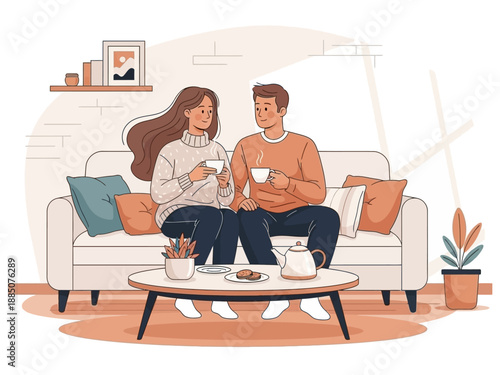 Couple enjoying coffee together on a cozy sofa.