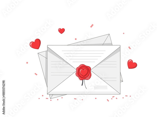 Sealed Love Letter with Red Wax and Hearts Illustration.