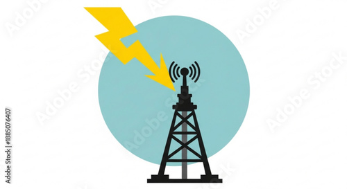 Communication tower with lightning bolt and signal waves on blue circle background