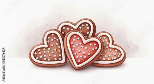 Heart-shaped cookies with white icing and dots arranged closely together on a soft, blurred background.