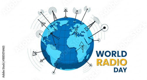 World radio day illustration with globe and radio towers broadcasting signals globally