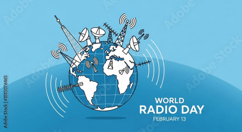 World radio day illustration with globe and radio waves