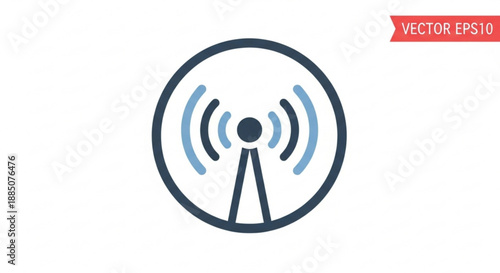 Vector graphic of a signal tower icon with blue and black signal waves in a circle on white background for communication technology concepts