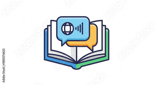 Colorful book with speech bubbles for language learning and communication
