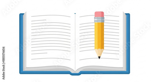 Open blue book with pencil on lined pages for writing and education