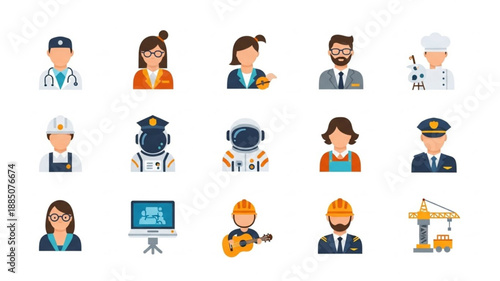 Collection of diverse professional occupation icons in flat design style.