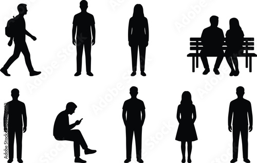 People silhouette lifestyle pose set, men women standing sitting walking using phone, social interaction figures, minimal black vector icons, isolated white background