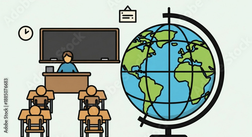 Teacher standing at desk in classroom with students and globe on stand educational setting with blackboard and clock on wall