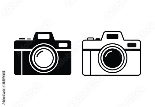 Two stylized graphic representations of digital cameras in silhouette and outline styles isolated on transparent background