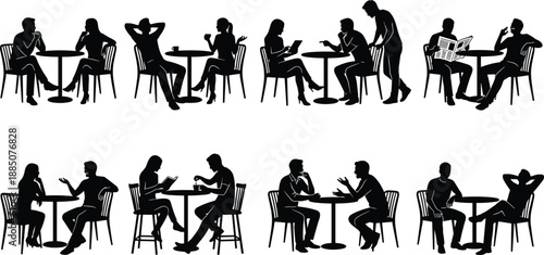 People sitting at cafe tables silhouette set, social interaction conversation coffee break lifestyle teamwork meeting restaurant illustration vector
