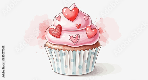 A sweet cupcake with pink frosting and red hearts, beautifully decorated and isolated on a clean white background, Whisk reference