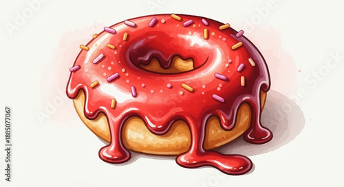 Sweet donut with vibrant red glaze and sprinkles on a clean white background from a front viewpoint.