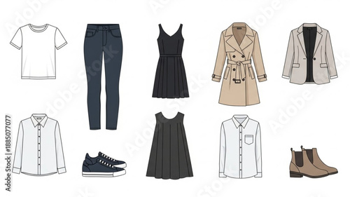 Collection of Womens Clothing and Accessories Laid Out Flat.