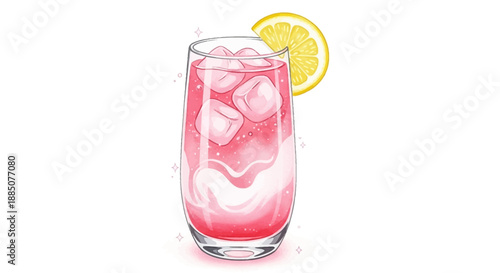 Illustration of a refreshing pink drink with ice and lemon slice in a glass