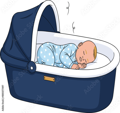 Peaceful newborn baby sleeping comfortably on stomach in a modern blue bassinet with canopy for nursery and childcare concept illustration